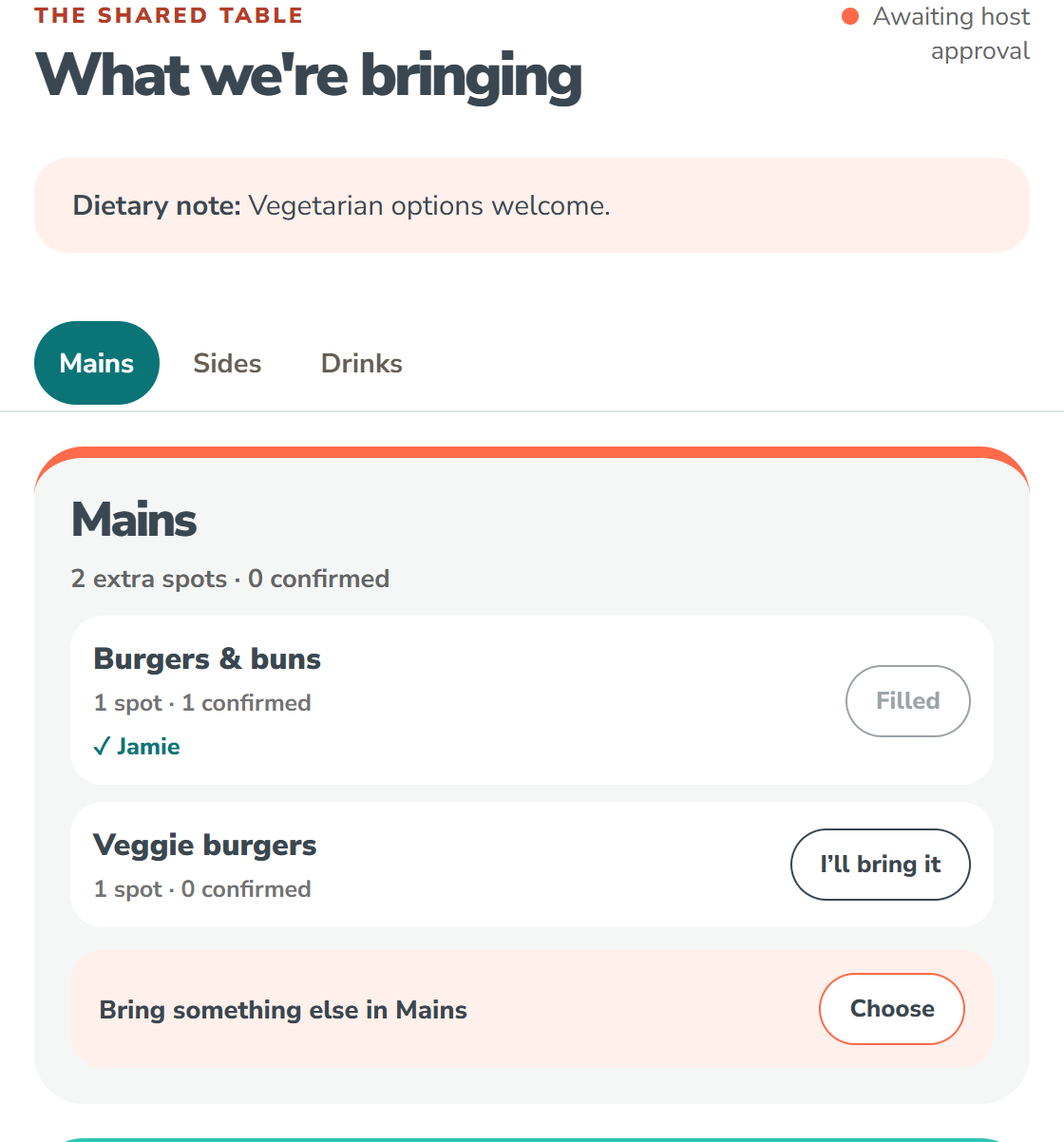Screenshot of a sample Side or Main plan with a confirmed dish and an open spot to bring veggie burgers